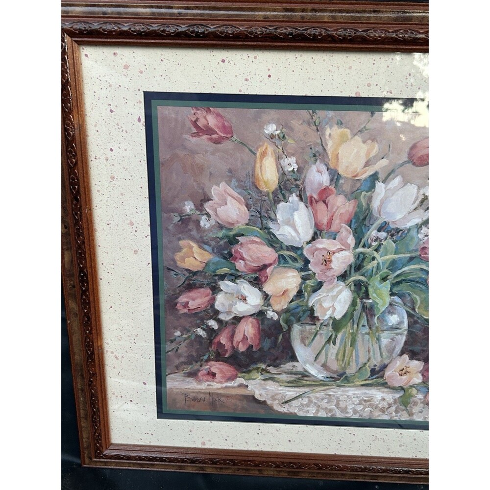 Barbara Mock Wall Art Floral Vase Tulips 22x18 Mixed Media Crewel Cottage Decor - Picture 3 of 14